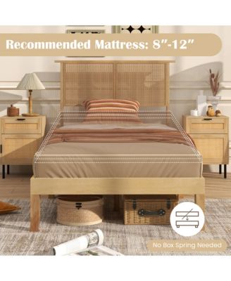 Twin Size Bed Frame w/ Rattan Headboard 10 Solid Wood Legs & 12 Wooden Slats