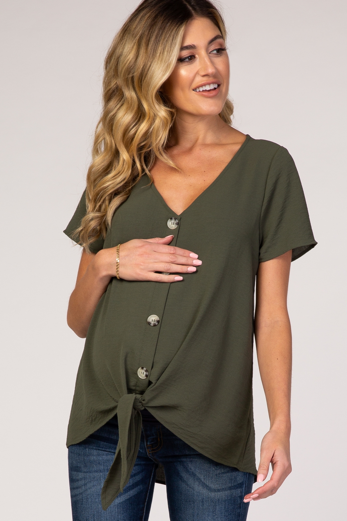 Maternity Light Olive Button Tie Front Top - Light olive