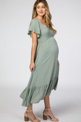 Maternity Ivory Smocked V-Neck Midi Dress