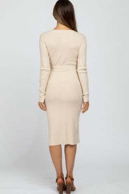 Maternity Beige Tie Front Sweater Midi Dress