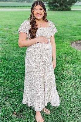 Maternity Mustard Floral Smocked Maxi Dress