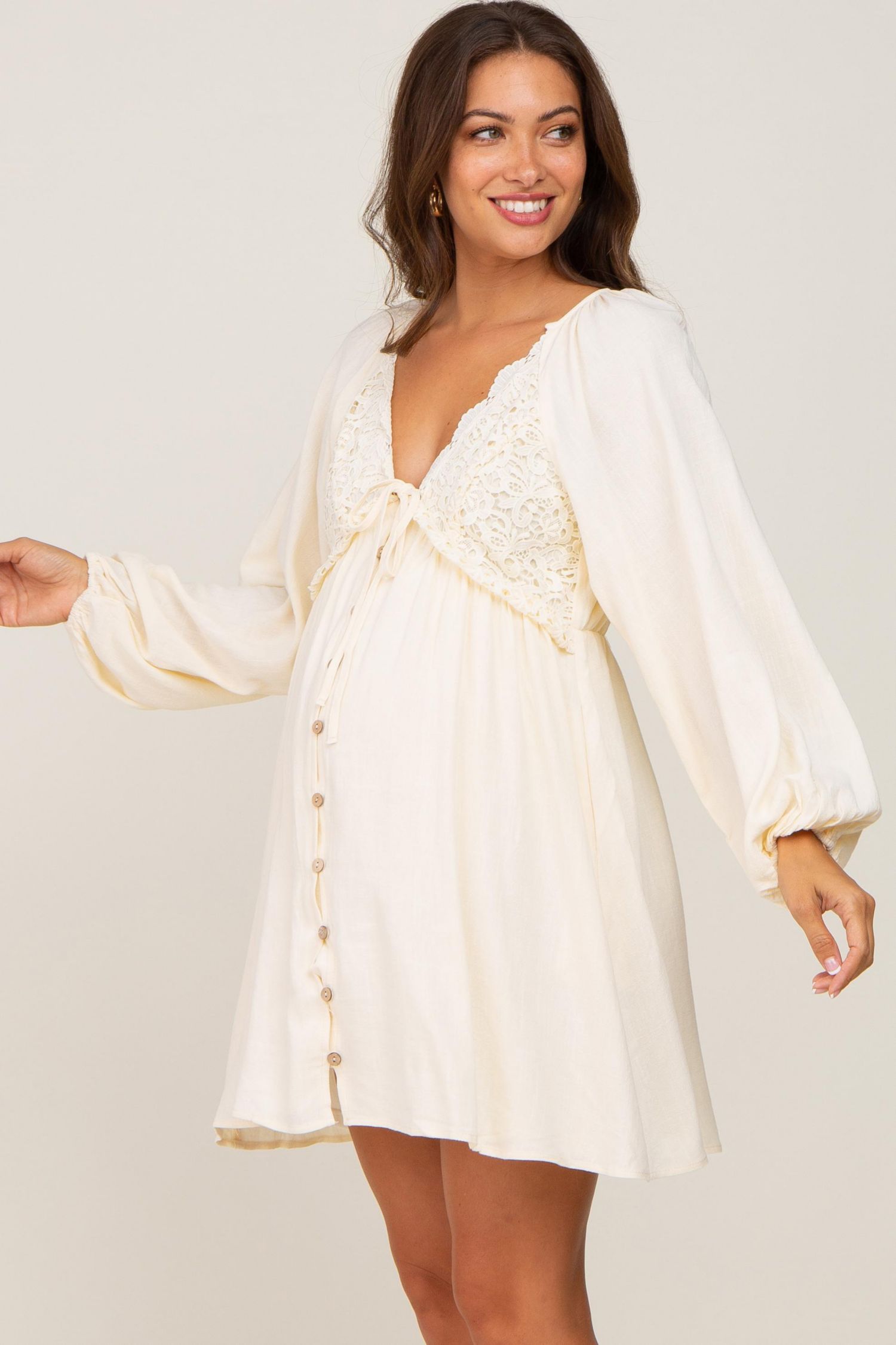 Women's Beige Crochet Lace Button Front Dress