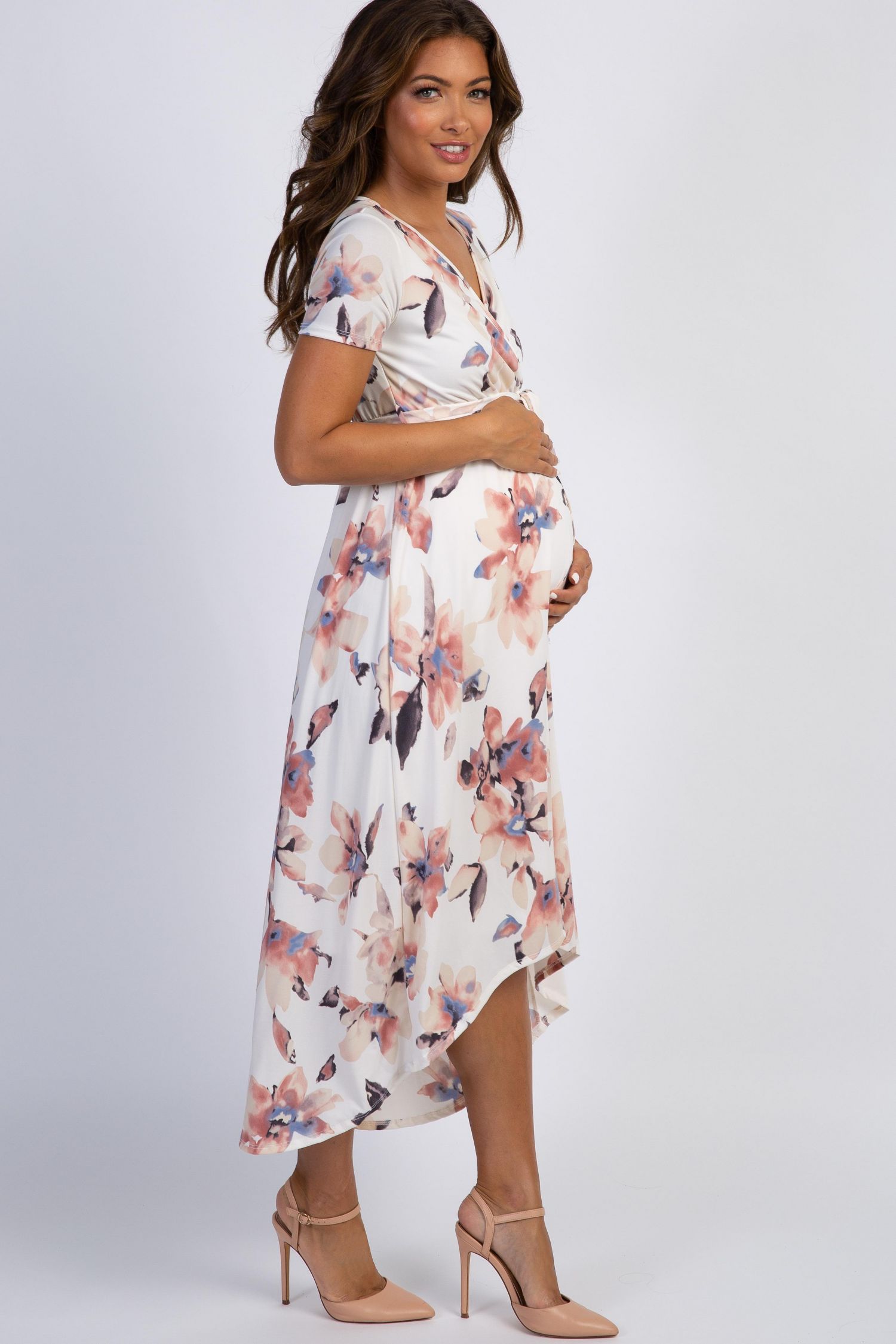 Women's Ivory Watercolor Floral Hi-Low Wrap Dress