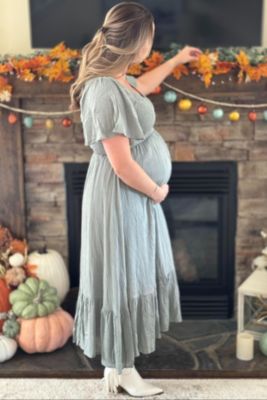 Maternity Ivory Smocked V-Neck Midi Dress