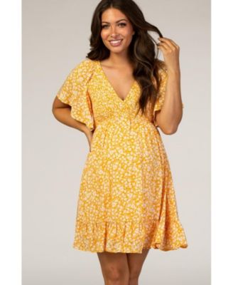 Maternity Yellow Floral Smocked Ruffle Dress