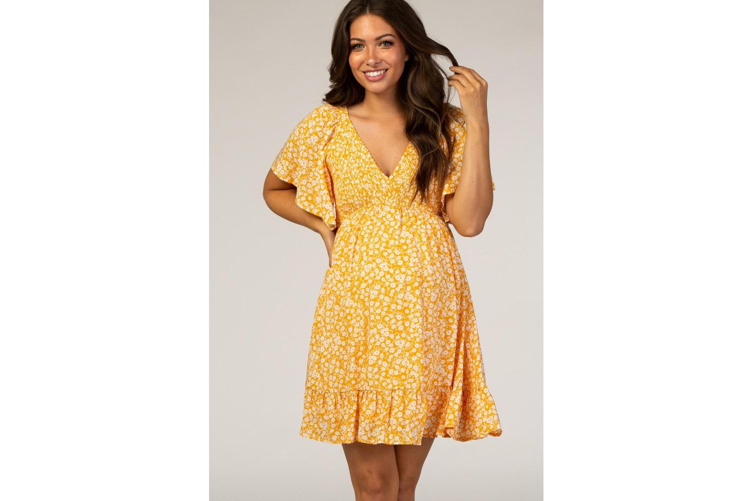 Women's Yellow Floral Smocked Ruffle Dress