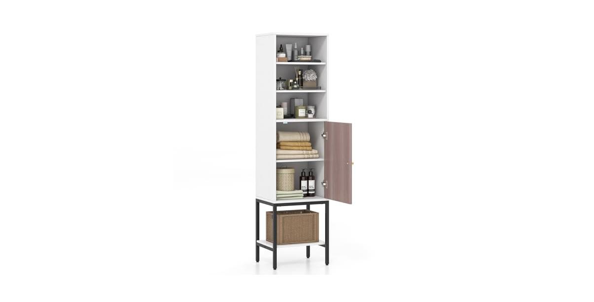 57 Inch Bathroom Tall Cabinet with 1 Door and 4 Shelves Narrow Storage Unit with Adjustable Shelves - White