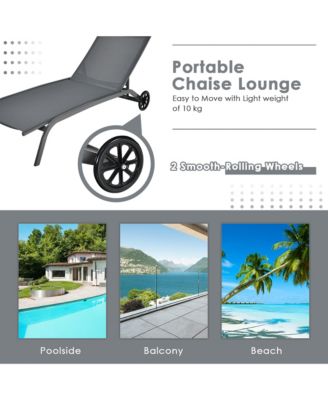 Set of 2 Outdoor Chaise Lounge Chair Adjustable Patio Recliner w/ Wheels