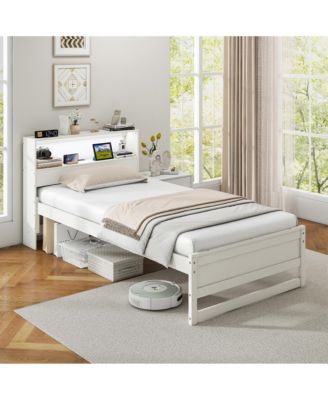 Twin Size Wooden Bed Frame w/ Charging Station & LED Light Storage Headboard