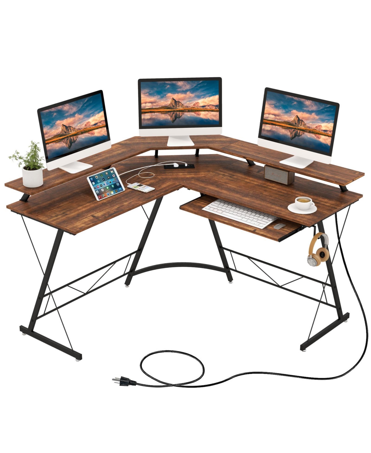 L-shaped Computer Desk with Power Outlet and Monitor Stand - Brown