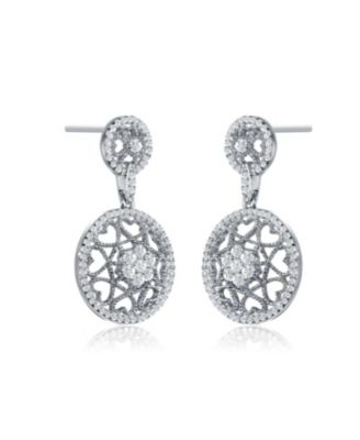 Sterling Silver White Gold Plating with Clear Cubic Zirconia Round Heart Design Earrings