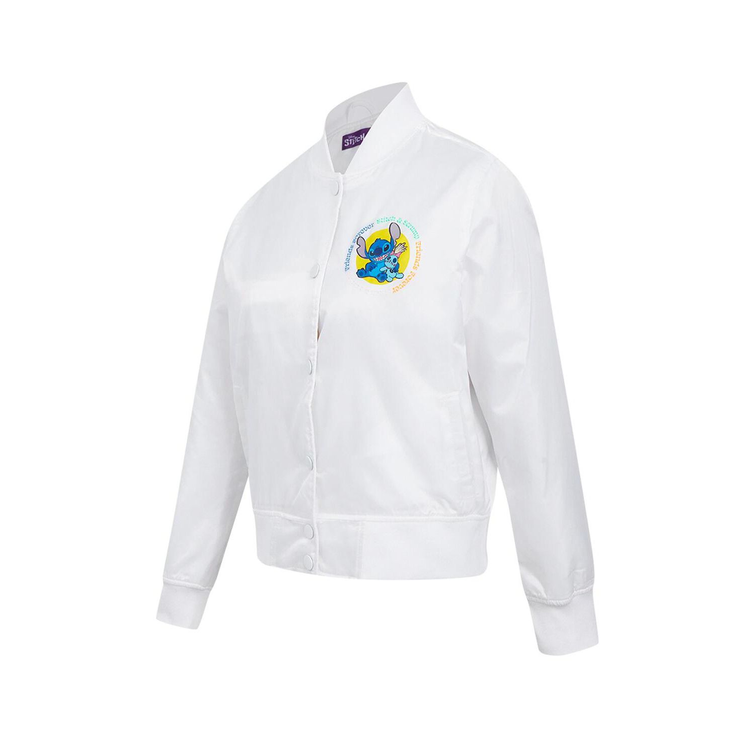 Women's White Lilo and Stitch Scrump Stitch Full-Snap Satin Jacket