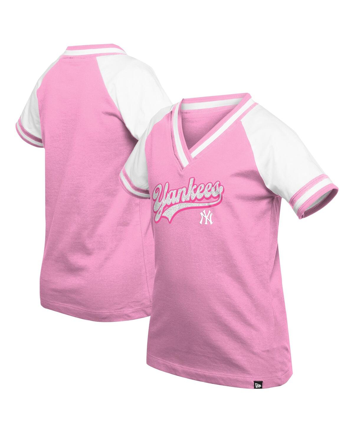 NEW ERA BIG GIRLS PINK NEW YORK YANKEES MOMMY ME RAGLAN V-NECK T-SHIRT 