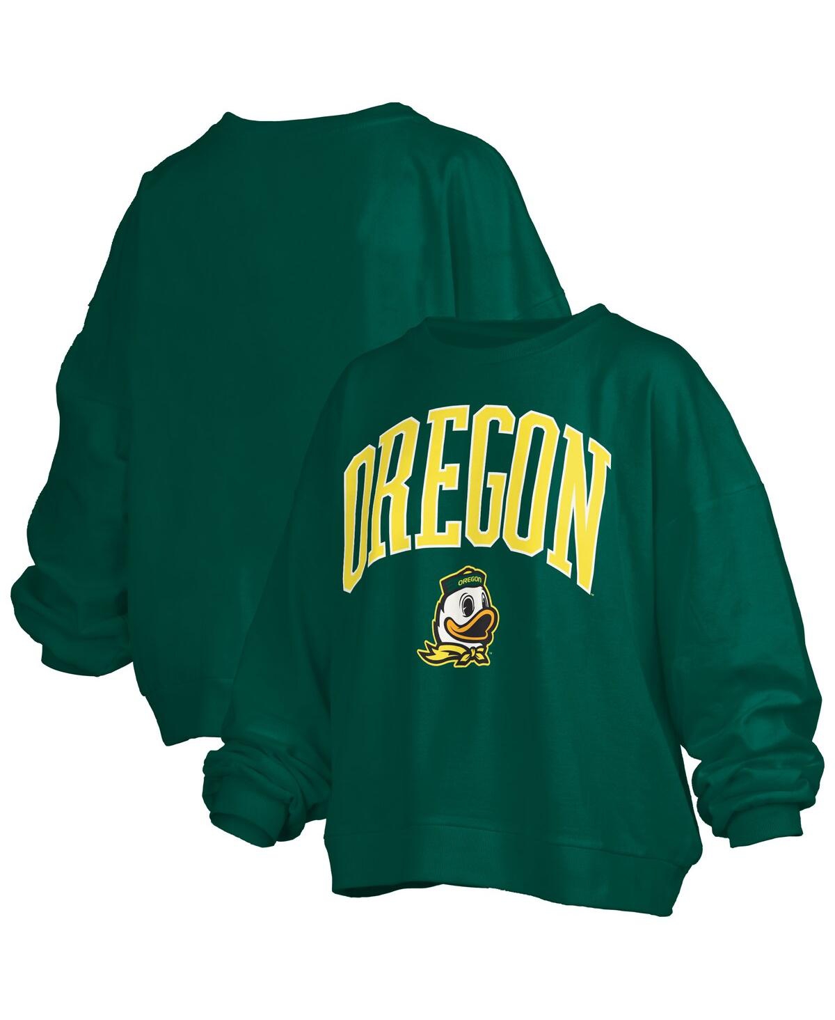 Women's Green Oregon Ducks Janise Arch Over Logo Waist Length Oversized Pullover Sweatshirt - Green