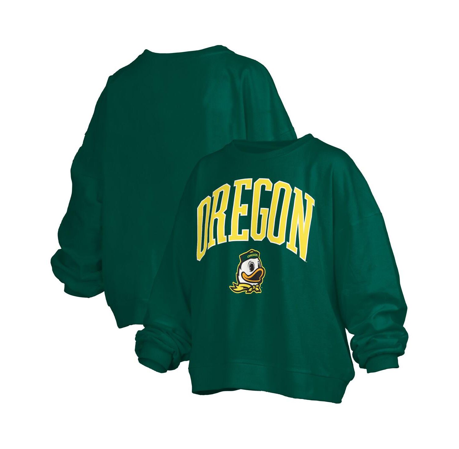 Women's Green Oregon Ducks Janise Arch Over Logo Waist Length Oversized Pullover Sweatshirt