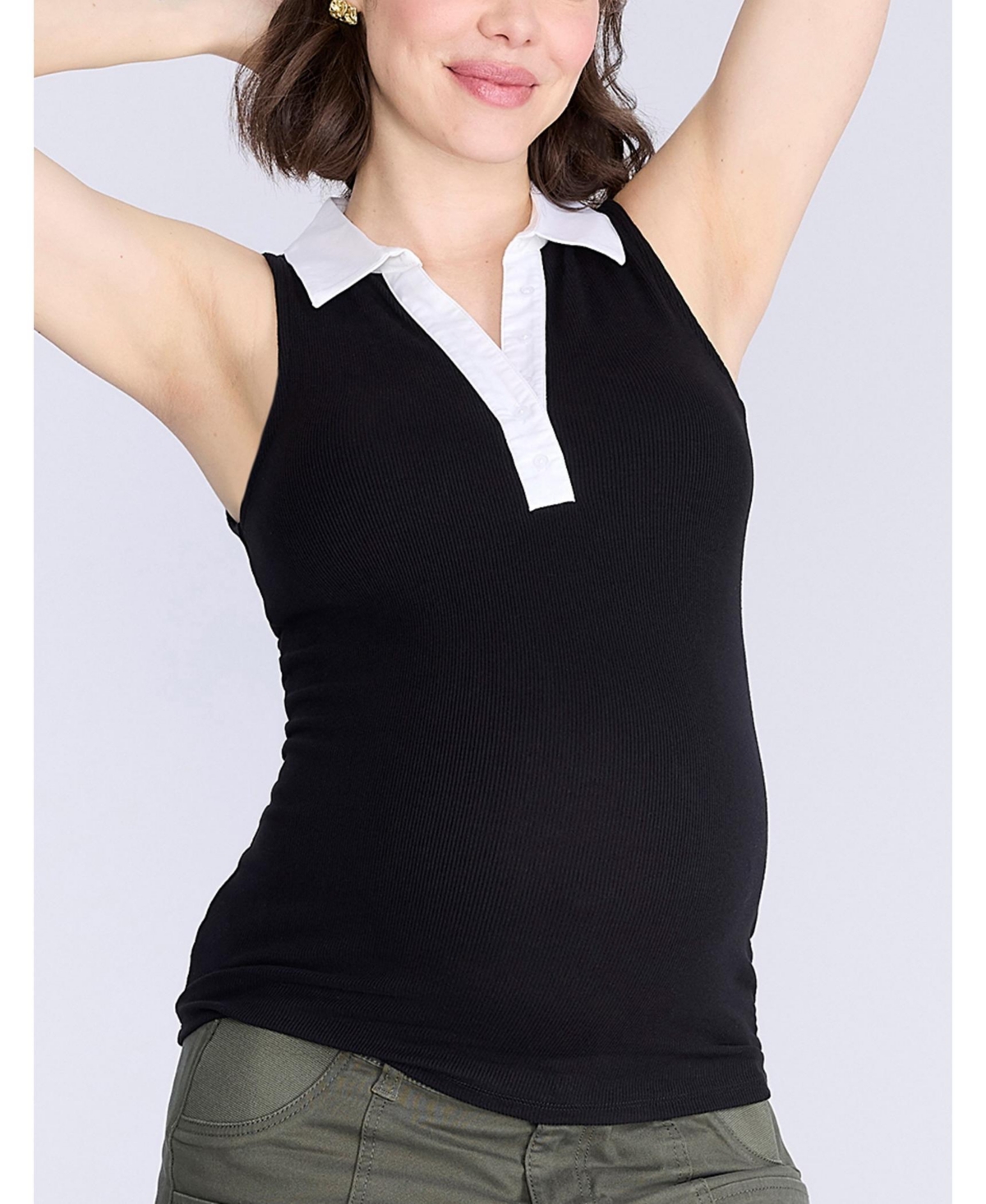 Maternity V-Neck Sleeveless Polo Top - Motherhood - Black