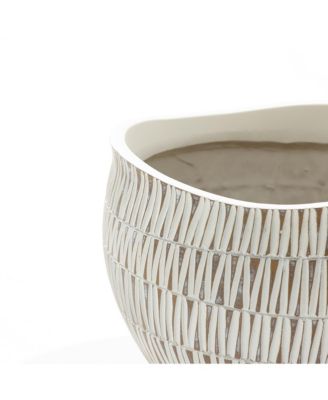 White with Gold V-Pattern Polyresin 12-Inch Round Planter
