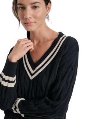 売れ筋商品|||ダナ キャラン ニューヨーク カットソー トップス レディース Women's Cotton Cable Knit V-Neck Sweater Eggnog/ Black DKNY Women's Cotton Cable Knit V-Neck Sweater - Macy's