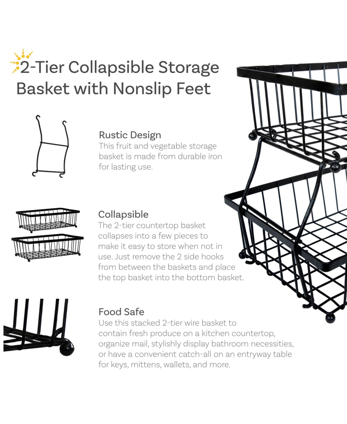 Indoor Metal Wire 2-Tier Collapsible Tabletop Storage Basket - Black