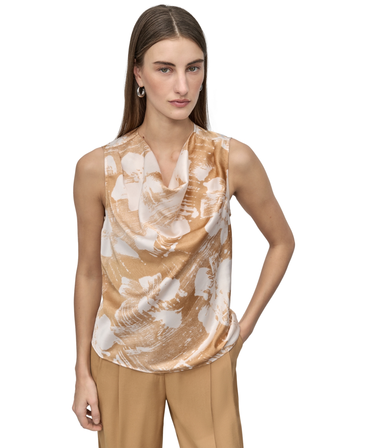Petite Printed Sleeveless Cowlneck Top - Whiskey Multi