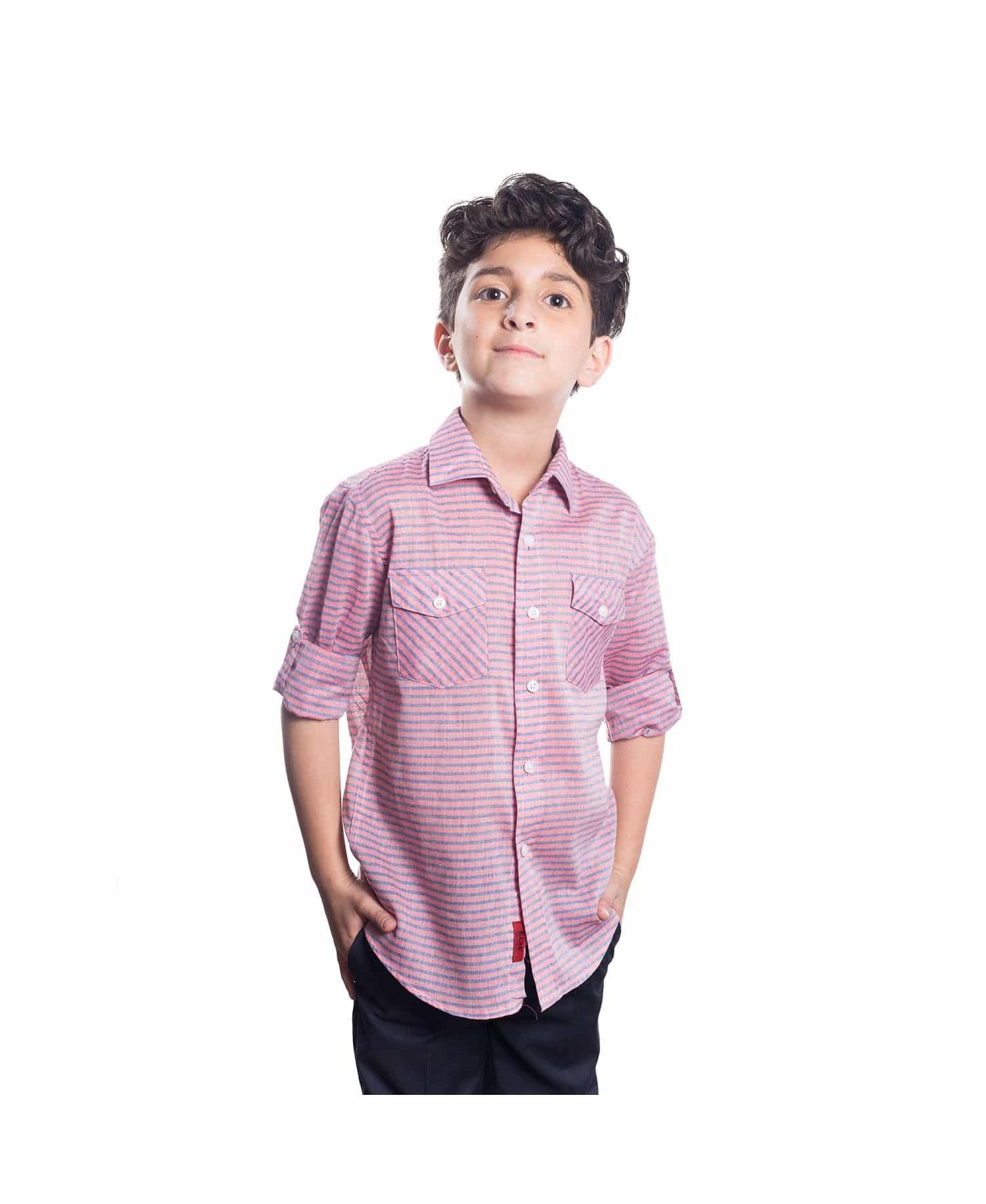 Little Boys Red Slim Fit Striped Shirt For