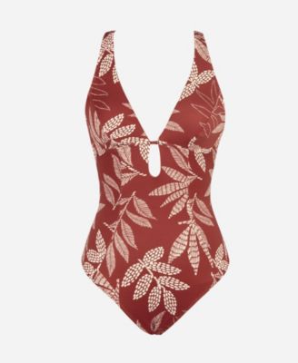 Women's Brick Red Botanical Prints Front Keyhole Gathered Back One-Piece Swimsuit