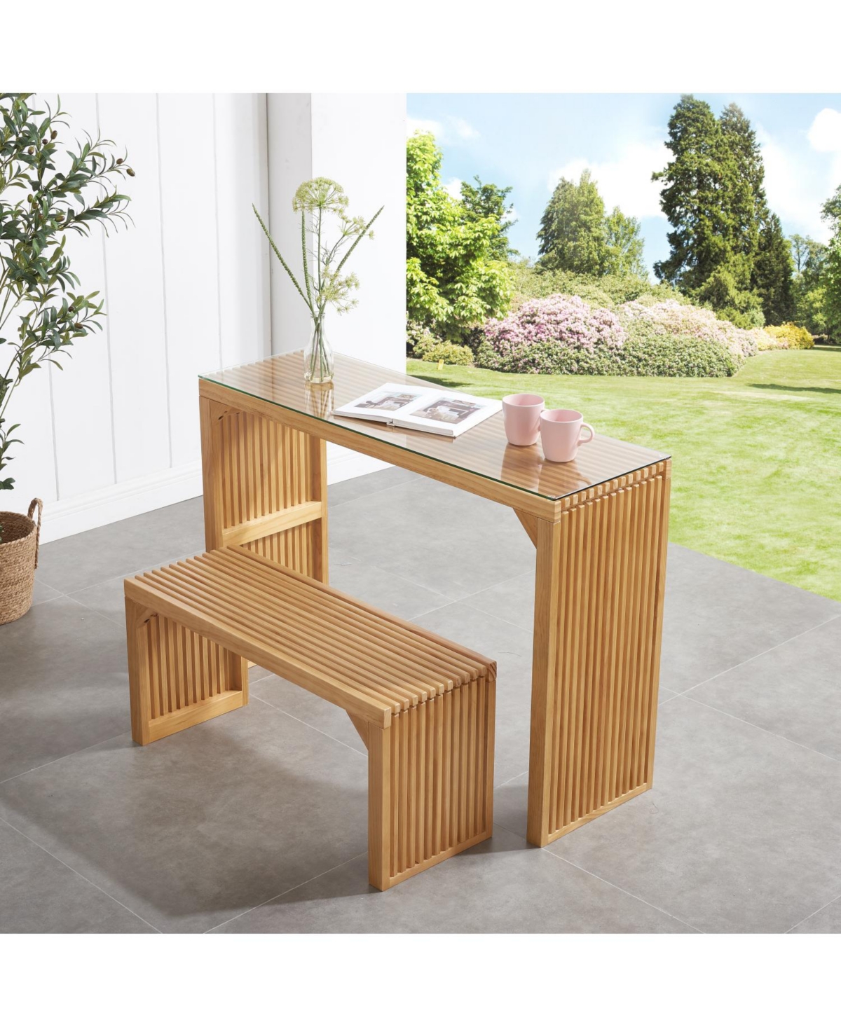 Pine Dining Bench & Table with Glass Top