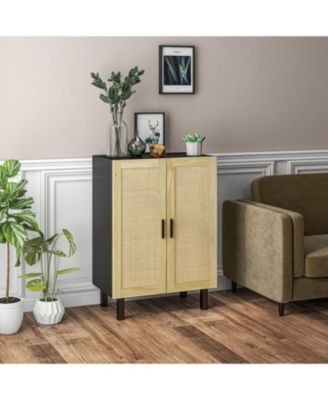 Sideboard Buffet Cabinet, Kitchen Cabinet, Coffee Bar Cabinet with 2 Rattan Doors and Adjustable Shelves, Black and Natural