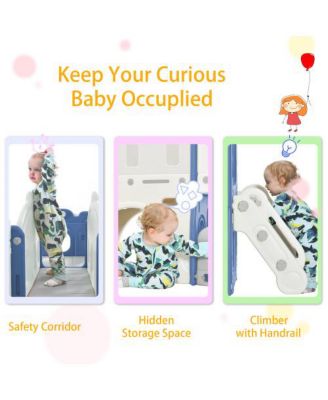 Qaba 7 in 1 Toddler Slide Playset Indoor Playground with Basketball Hoop Crawl Tunnel Cream White