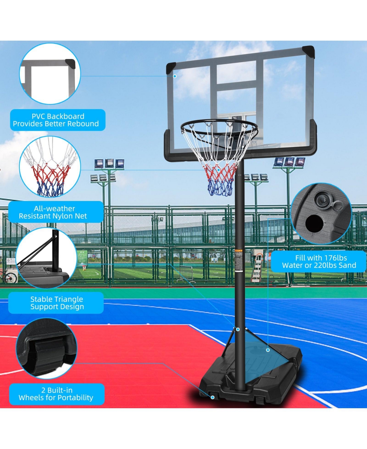Portable Basketball Hoop Backboard System Stand Height Adjustable 6.6ft