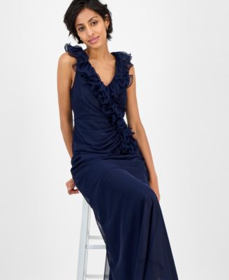 Petite Ruffled V-Neck Sleeveless Mesh Gown