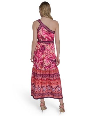 Women's Mixed-Print One-Shoulder Tiered Midi Dress