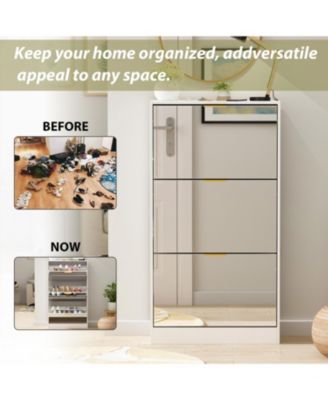 Wooden 3-door natural shoe cabinet,Mirror door panel, multi-purpose shoe rack with metal handles