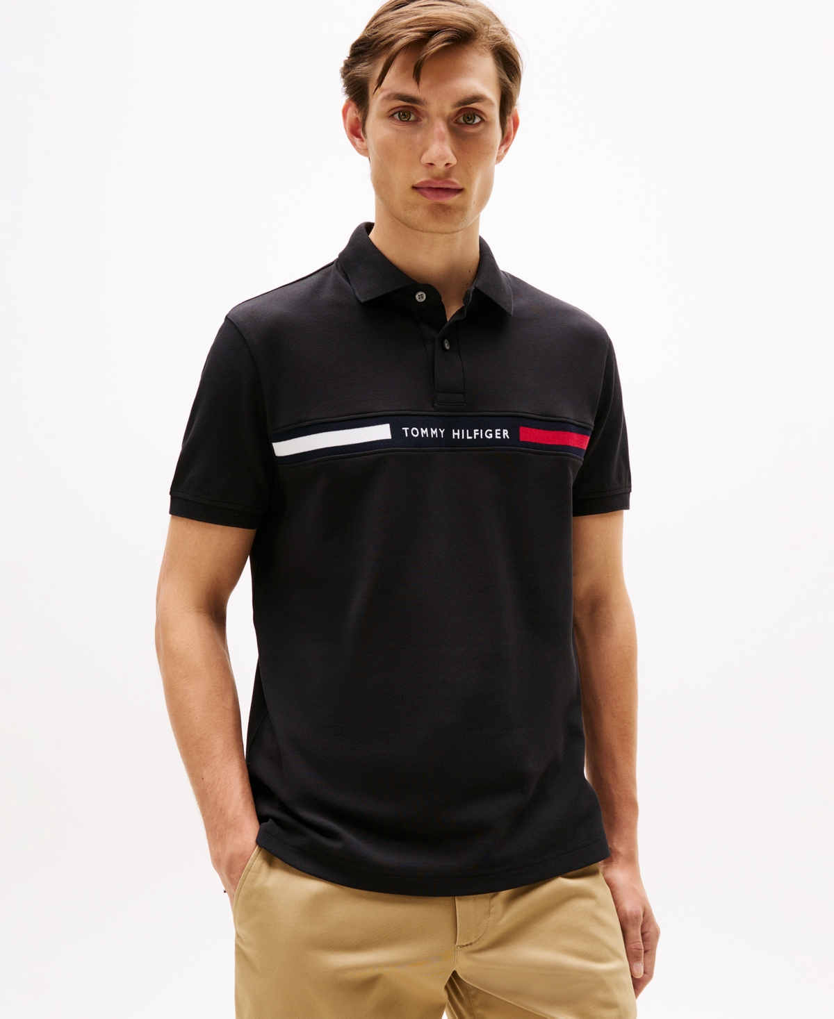 Tommy Hilfiger Men's Short Sleeve Embroidered Chest Stripe Polo Shirt - Black