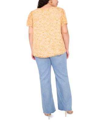 Plus Size Printed Split-Neck Flutter-Sleeve Blouse 