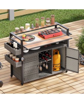 Wicker Grill Cart with Table Top & Storage