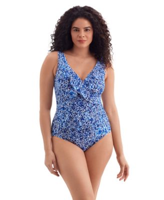 Women's Blooming Bouquet Ruffle Front Surplice Long Torso One-Piece Swimsuit