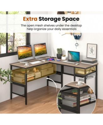L-Shaped Computer Desk with Charging Station and Adjustable Shelf