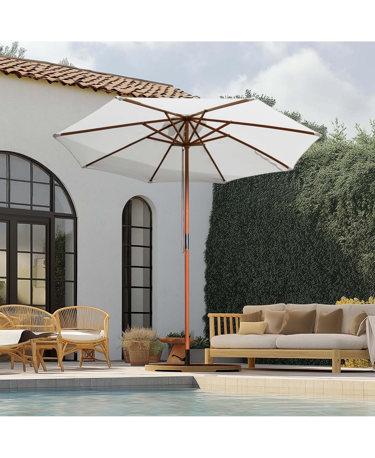 9ft Solid Wood Outdoor Patio Umbrella with Base Included Parasol Wheels Stand for Bistro Market Garden Deck Yard Poolside White - Natrual