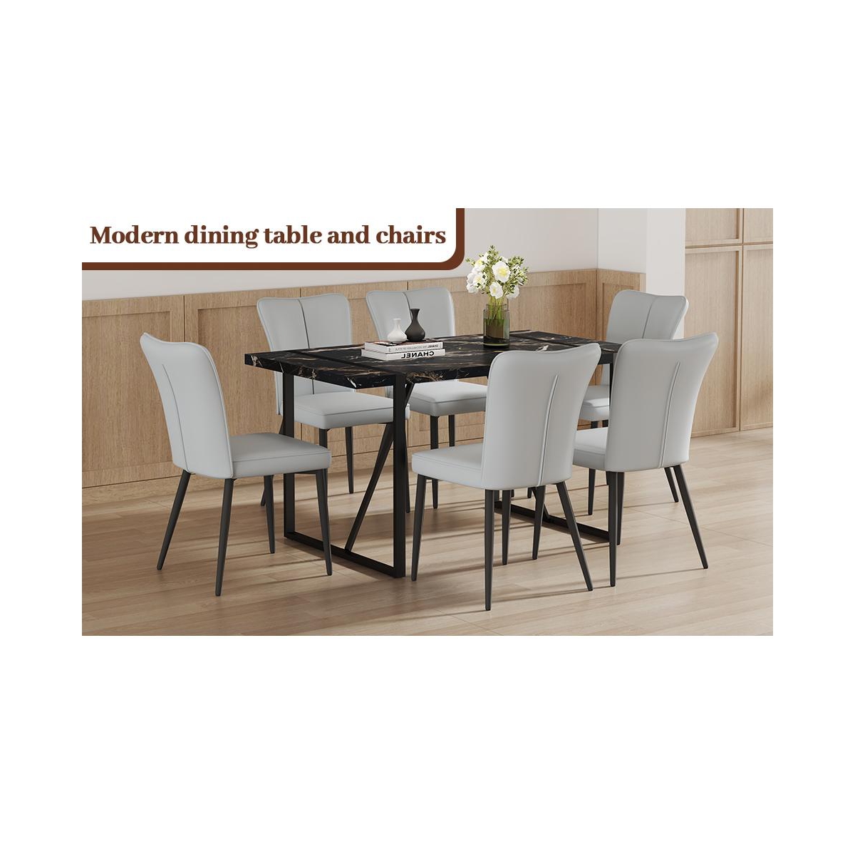 Streamdale Furniture Modern Marble Dining Set with 6 Grey Pu Chairs