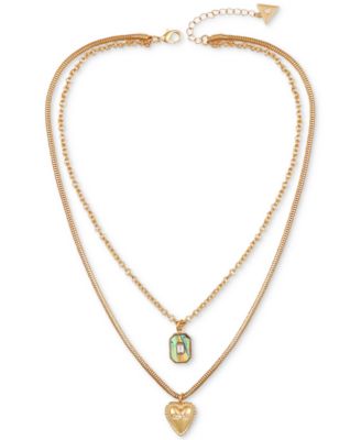 GUESS - Gold-Tone Mixed Stone Heart Layered Pendant Necklace, 18" + 2" extender
