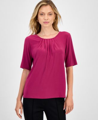 Kasper - Petite Pleated-Neck Elbow-Sleeve Top