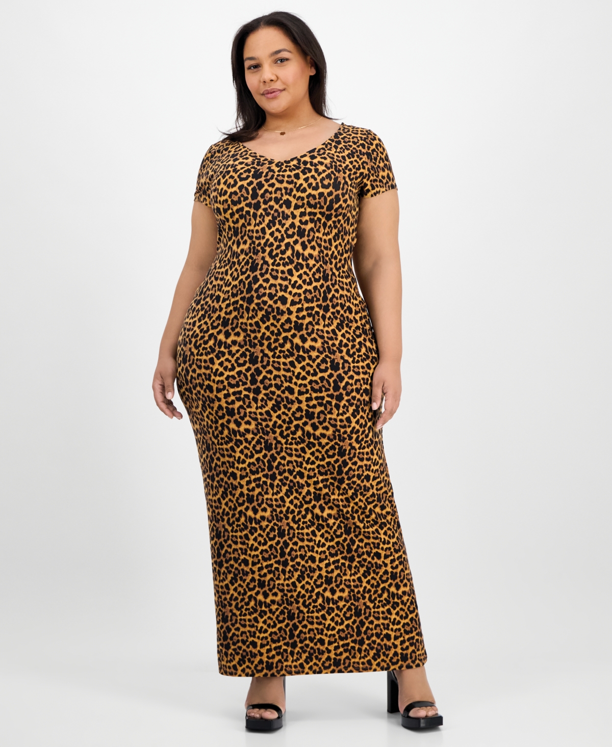Trendy Plus Size V-Neck Bodycon Maxi Dress - Biscuit