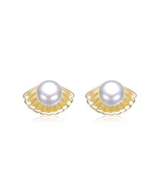 Teens Elegant 14K Gold Plated White Pearl Seashell Stud Earrings