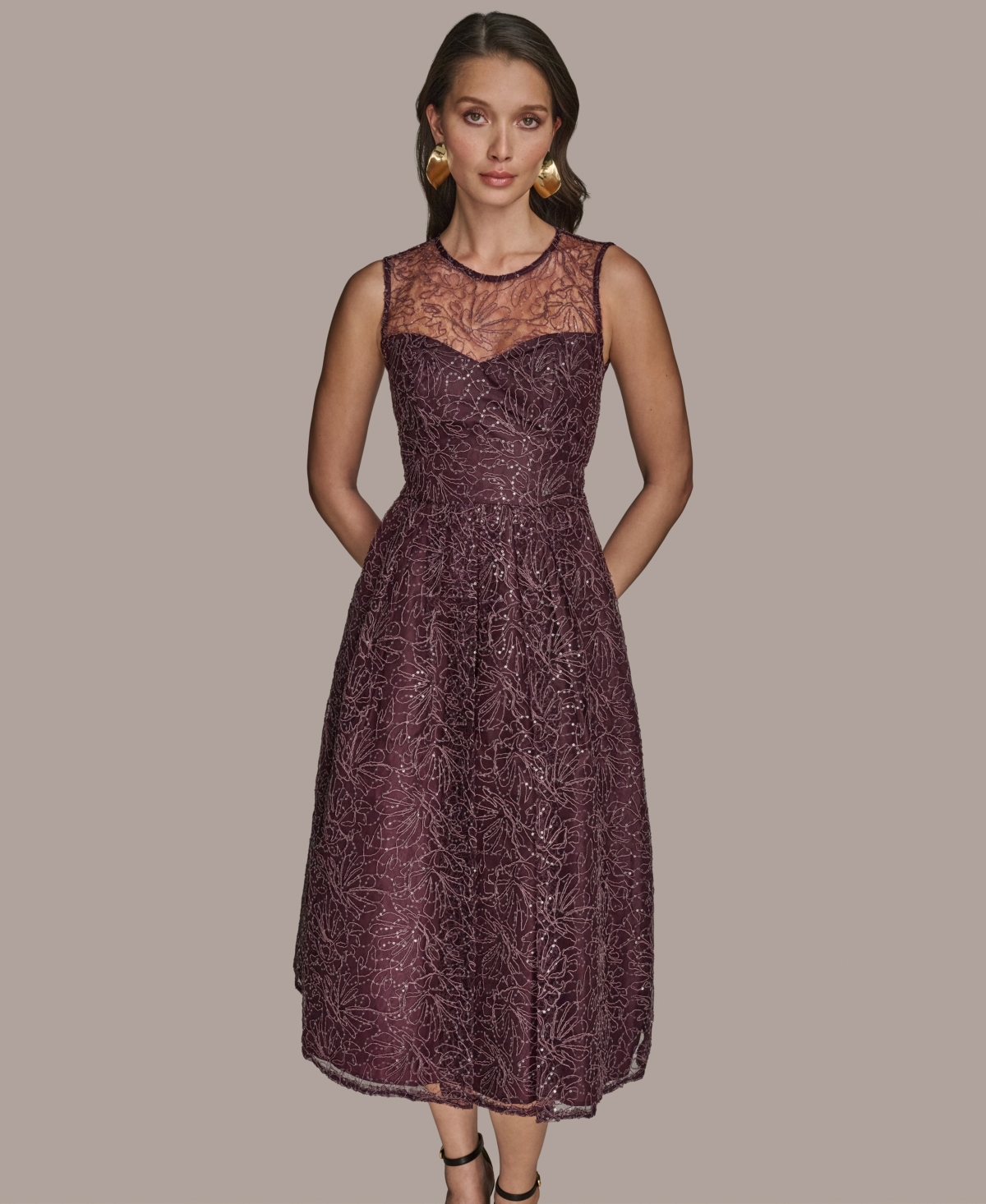 Donna Karan New York Sleeveless Sequin Cocktail Dress In Burgundy
