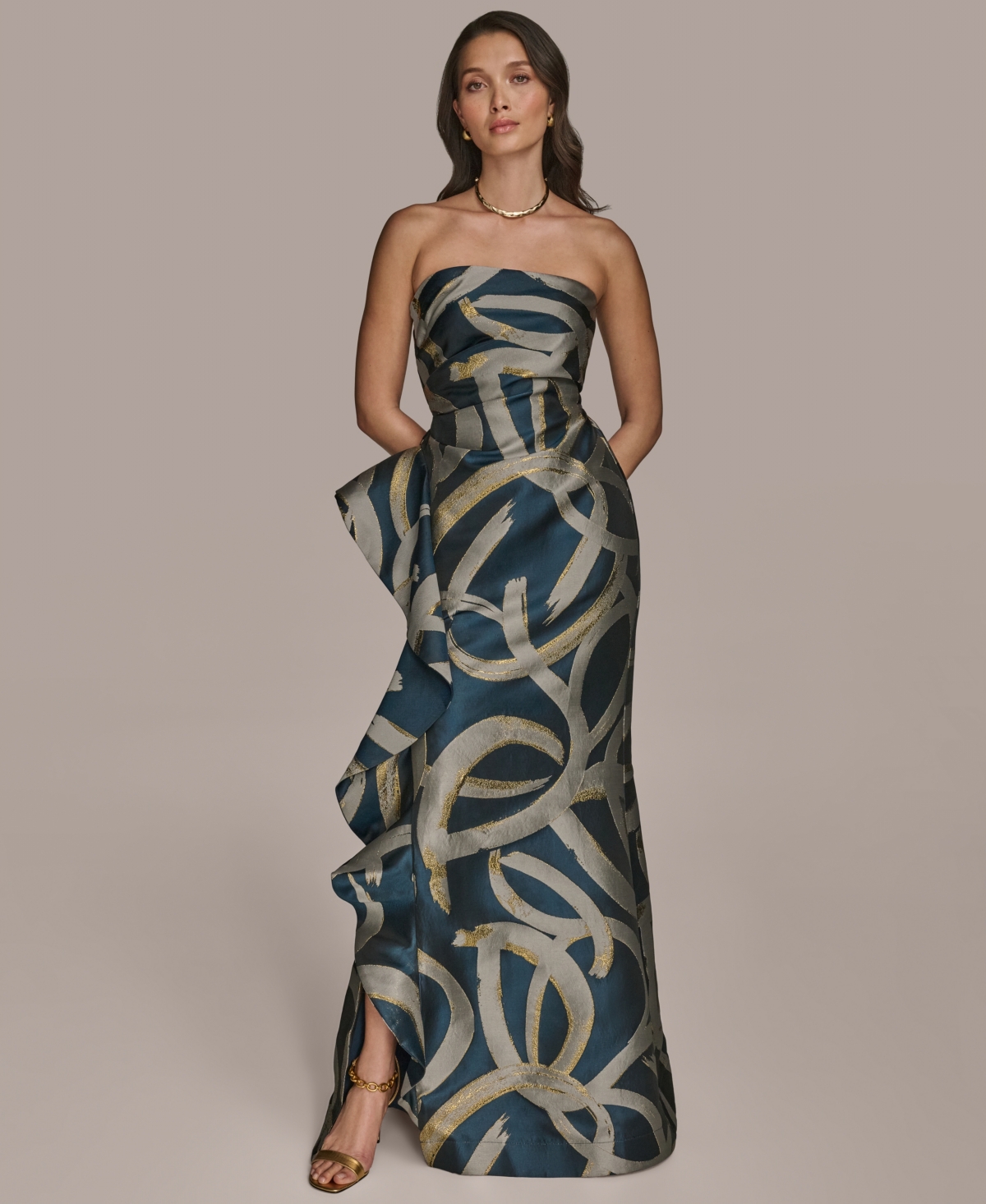Women's Metallic-print Strapless Gown - Tide, Sand