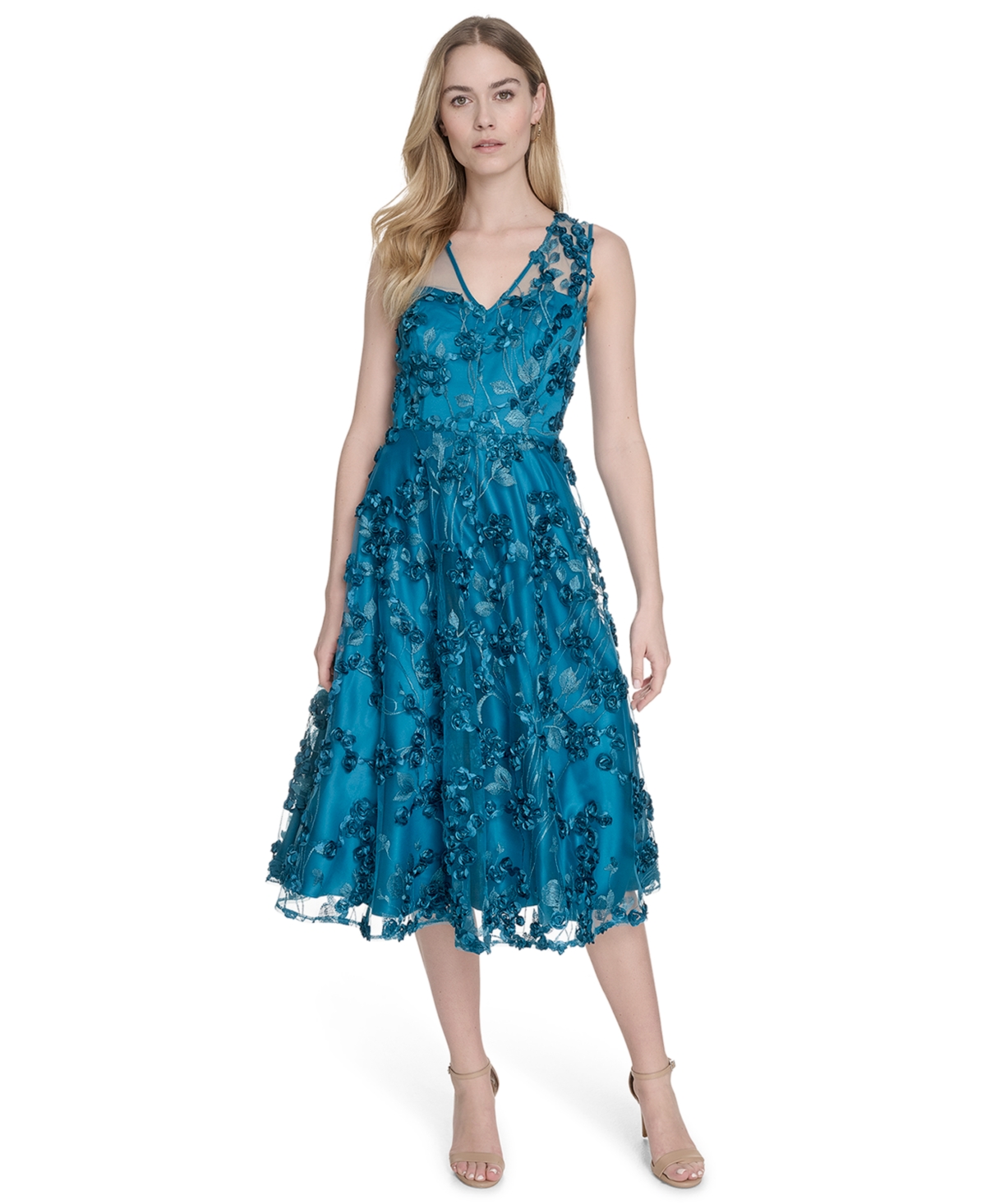 Women's Embroidered-Mesh Sleeveless Fit & Flare Dress - Teal