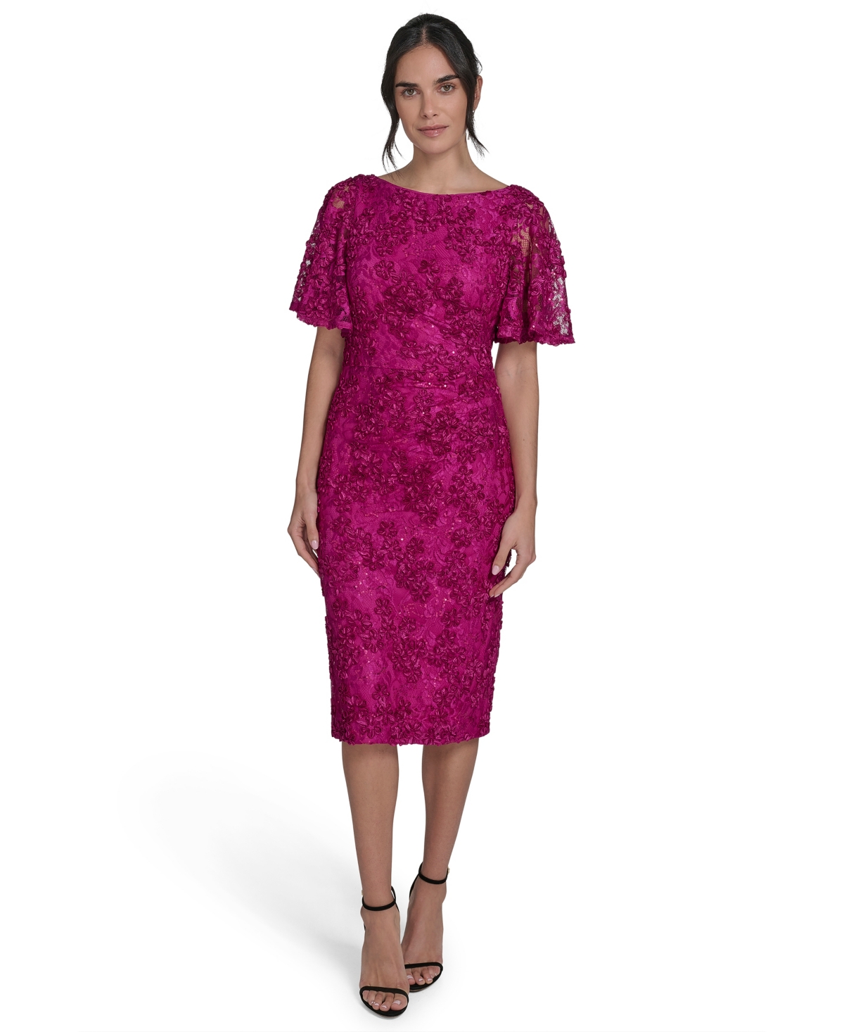 Women's Lace Flutter-Sleeve Sheath Dress - Magenta