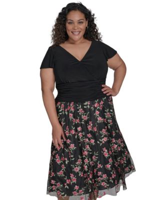 Plus Size Mixed-Media Mesh-Skirt Fit & Flare Dress