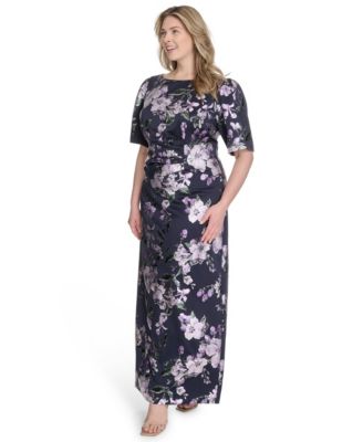 Plus Size Printed Boat-Neck Gown